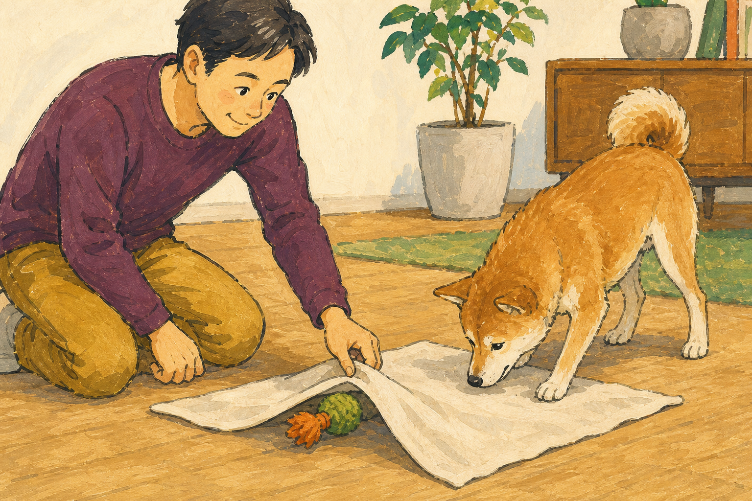 飼い主が布の下におもちゃを少し隠し、犬が自分から探している場面
