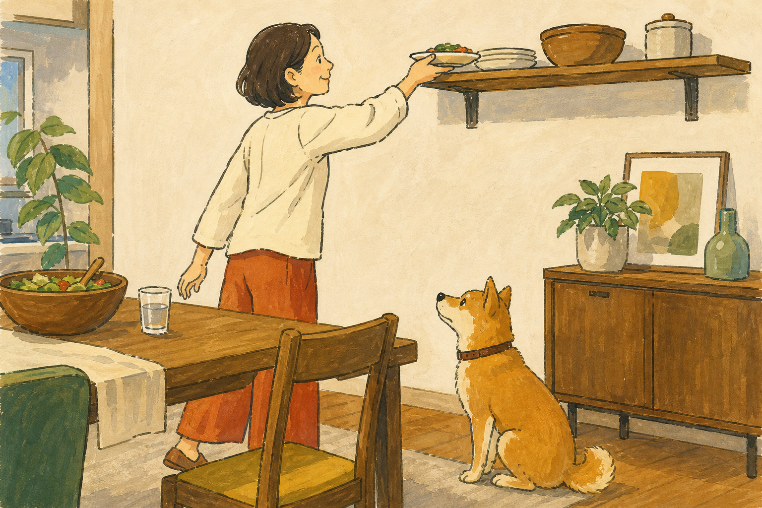席を立つ前に飼い主が皿を犬の届かない棚へ移す様子