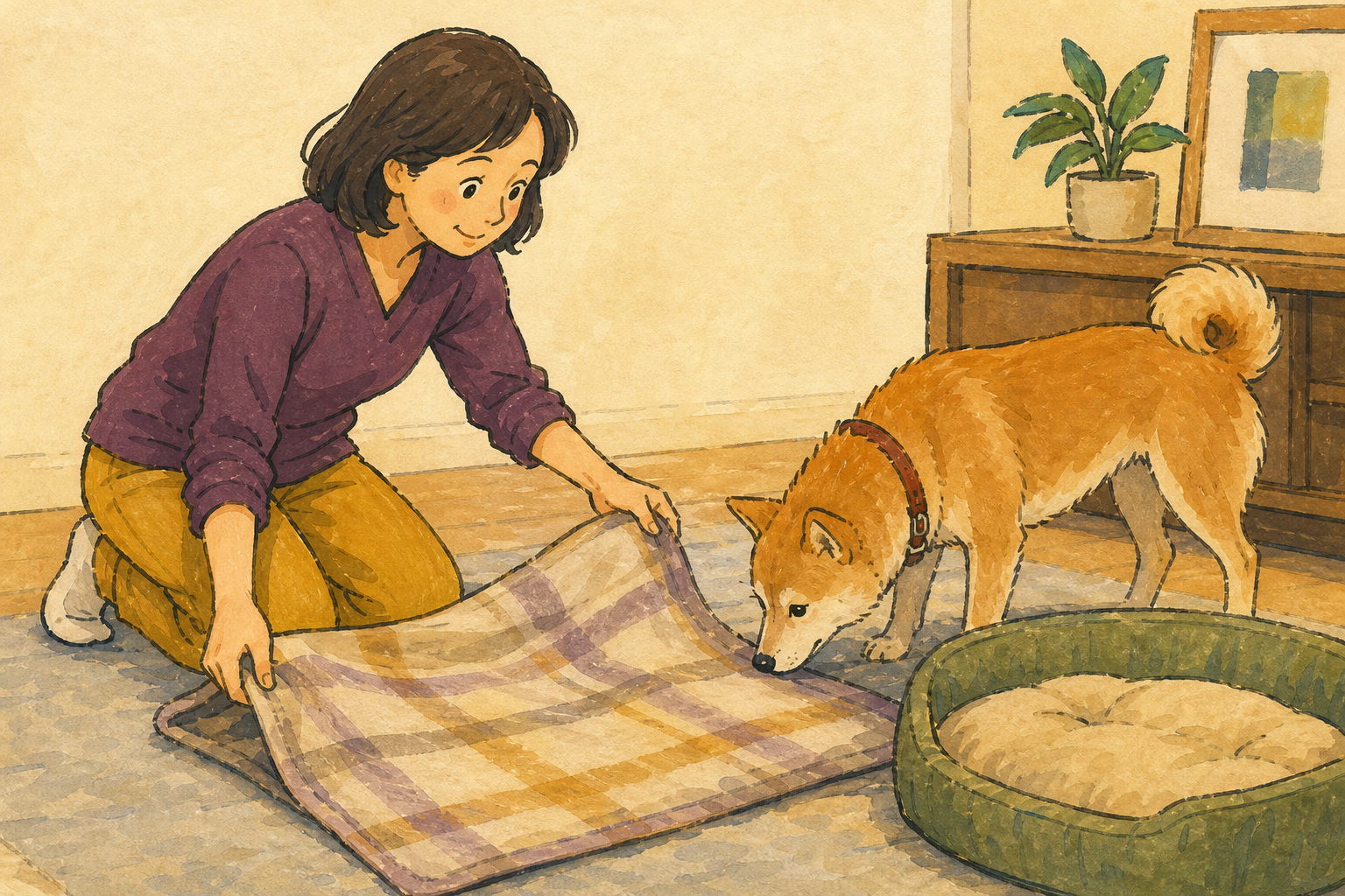 飼い主が毛布を広げて状態を確かめ、犬の休み場所に置く