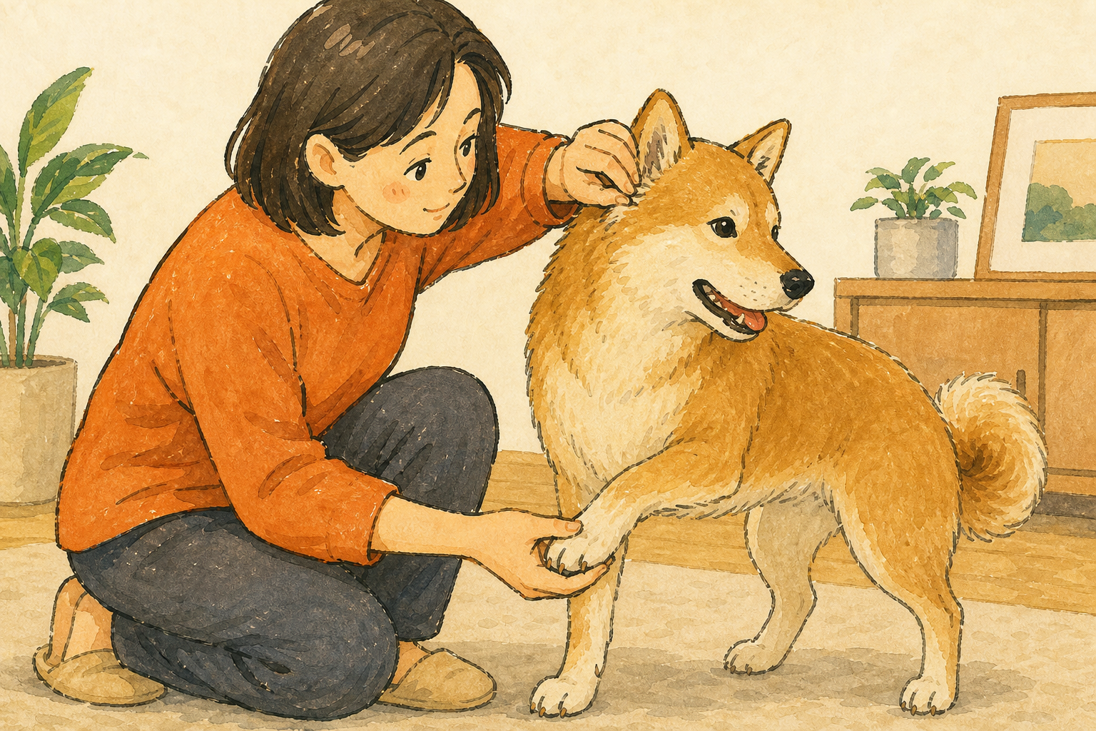 飼い主が犬の耳の後ろと足先の毛を分けて皮膚を確認する様子