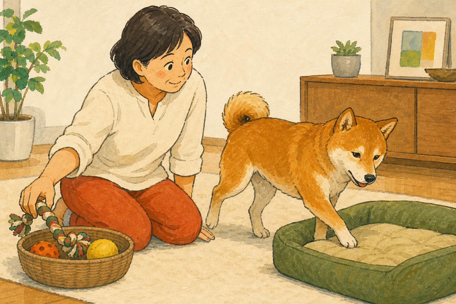 飼い主がおもちゃを置き、犬が休む場所へ向かう様子