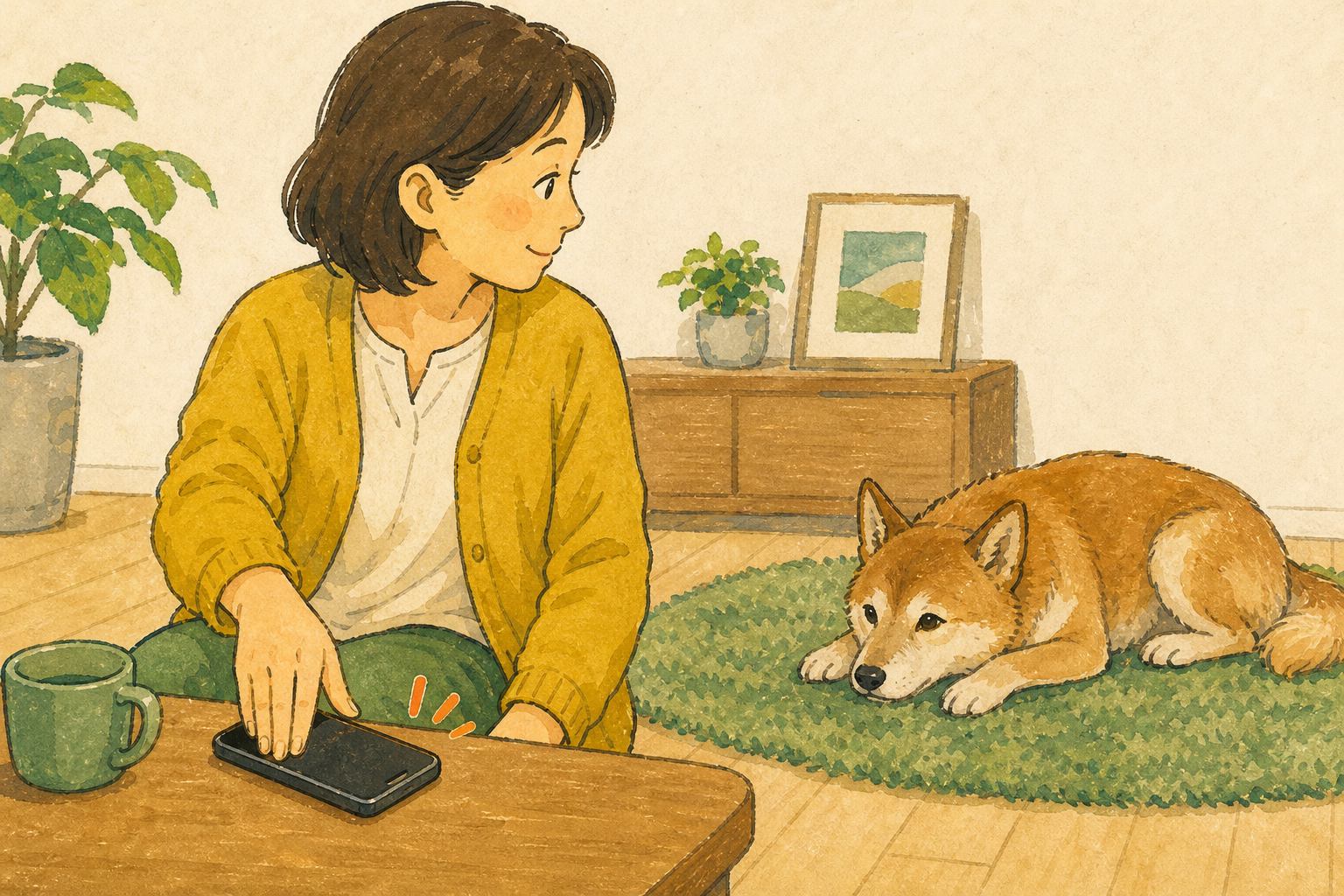 スマートフォンを置いて、そばで休む犬の様子を見る飼い主
